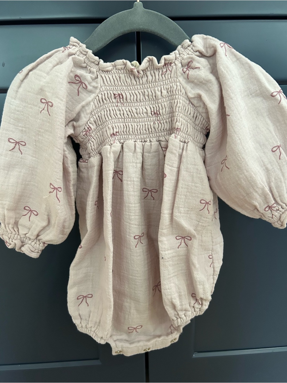 Quincy Mae Dusty Pink Smocked Romper with Tiny Bow Motif